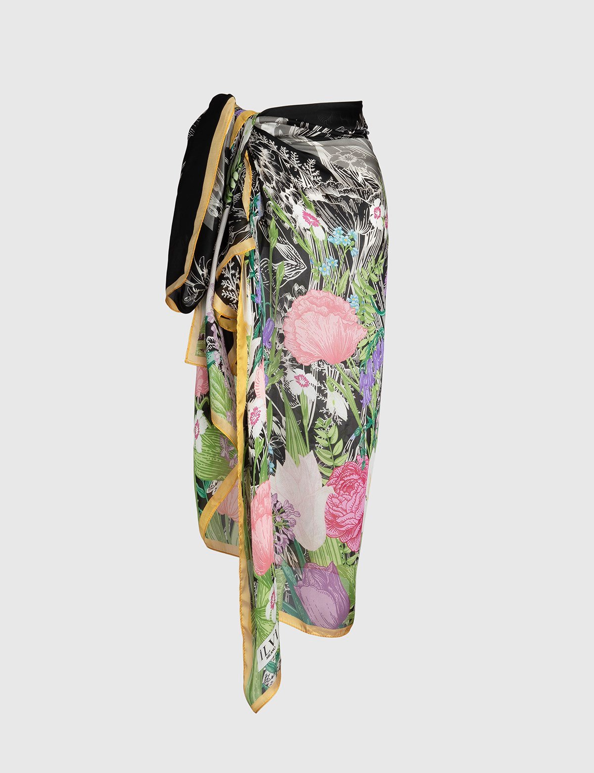 Navigli Black-White-Multicolor Silk Chiffon Women's Pareo