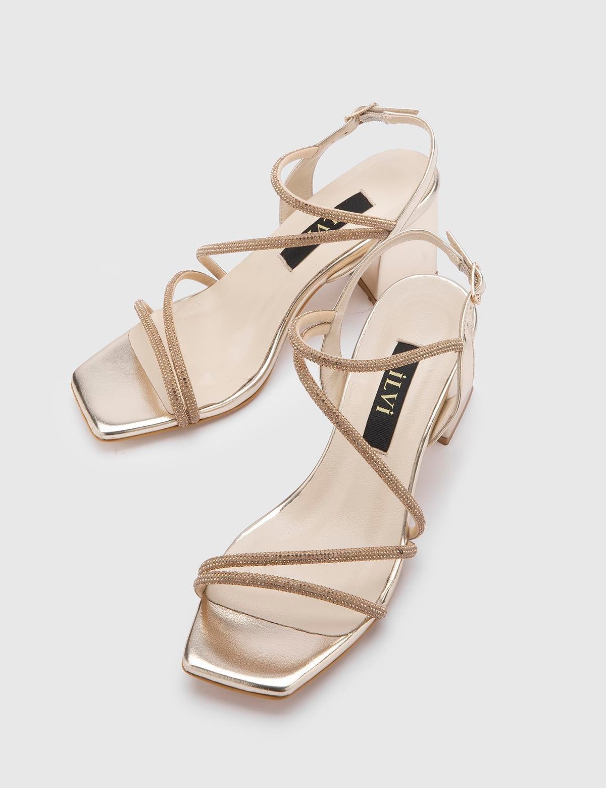 Nica Gold Leather Women's Heeled Sandal with Stones