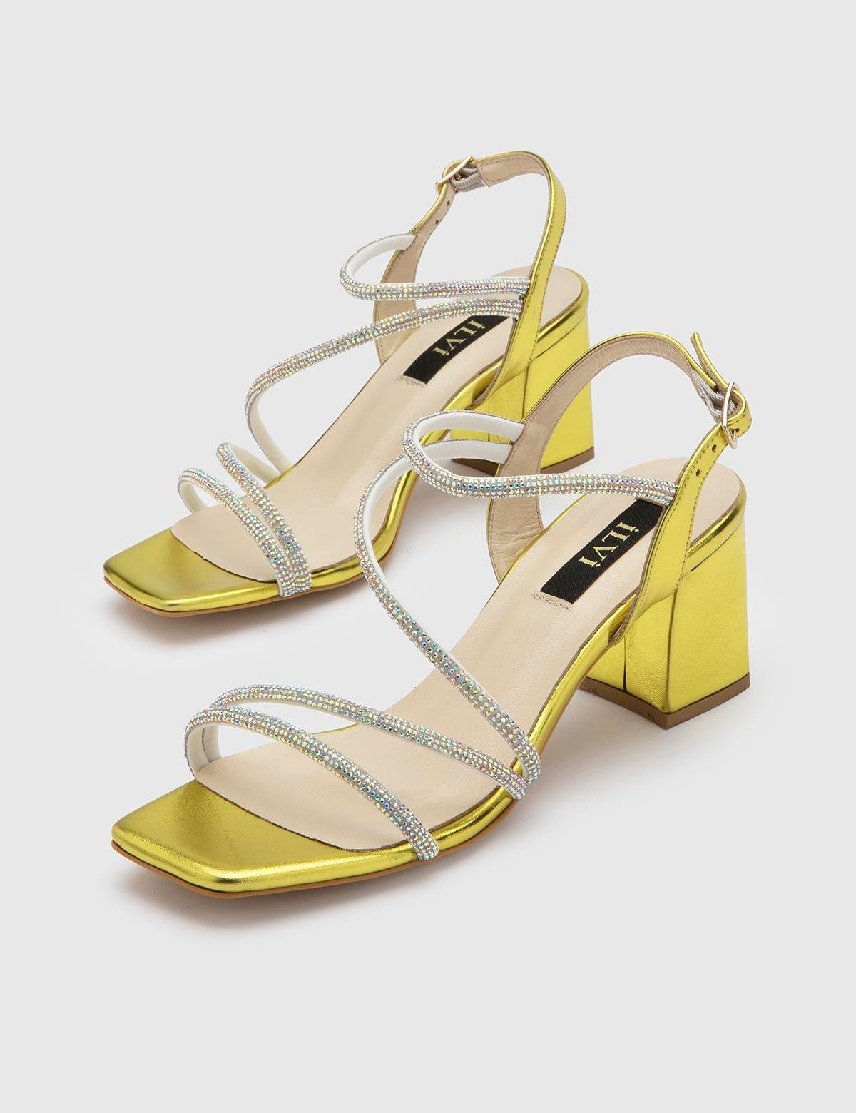 Nica Green Leather Women's Heeled Sandal with Stones