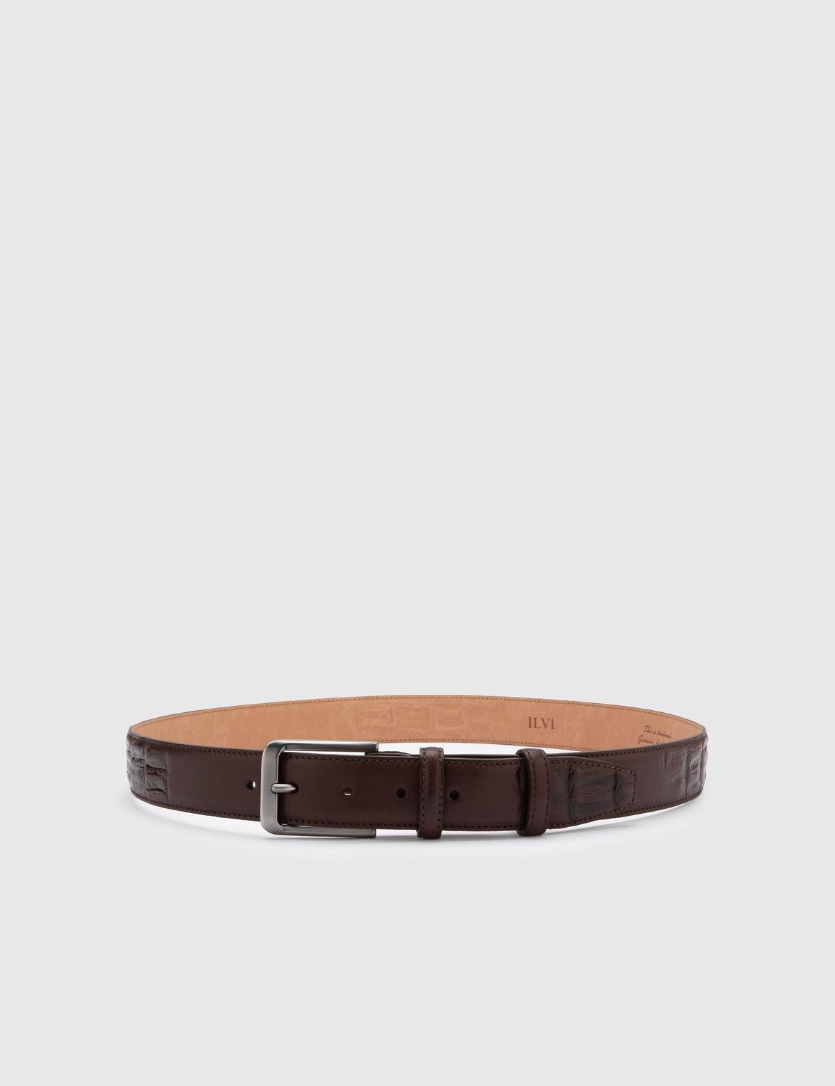 Owens Antique Brown Leather Men's Belt with Crocodile Print