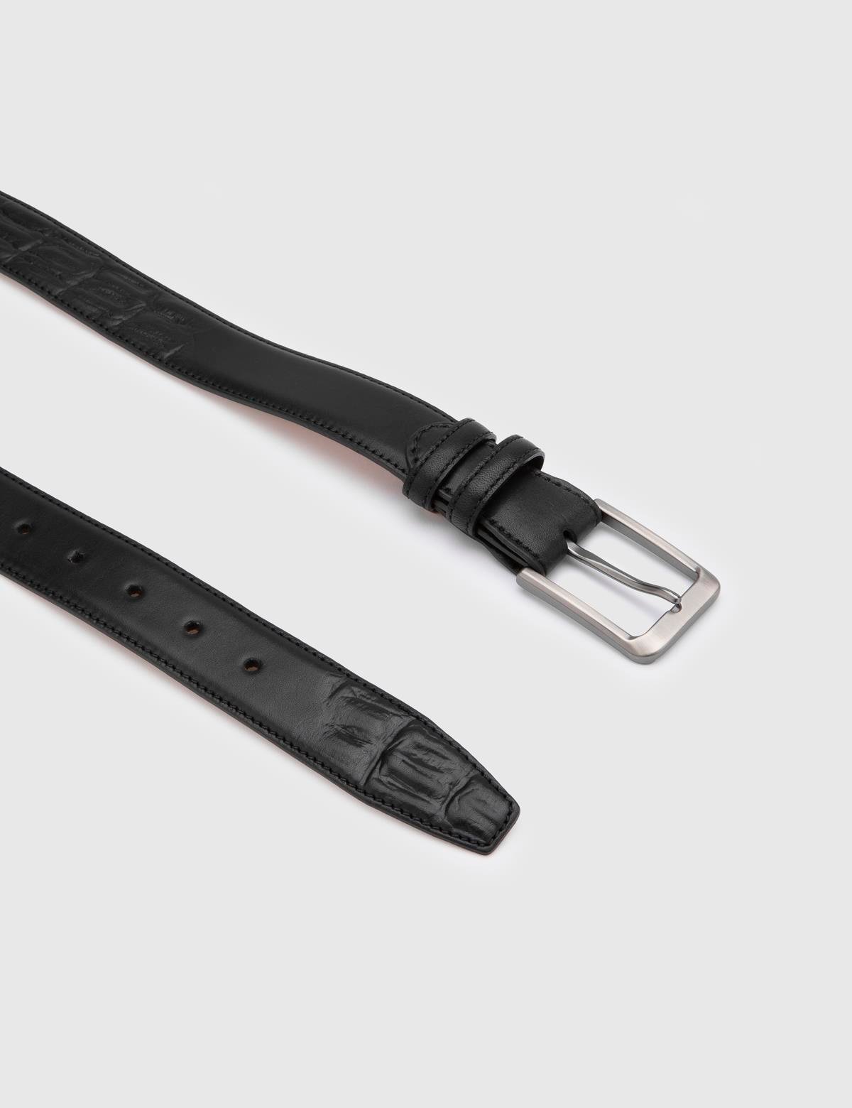 Owens Antique Black Leather Men's Belt with Crocodile Print