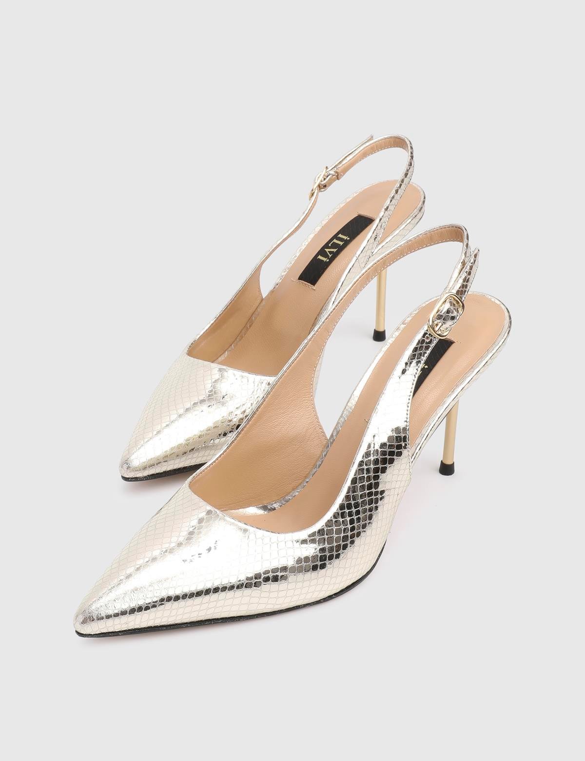 Panya Gold Leather Women's Heeled Sandal with Snake Print