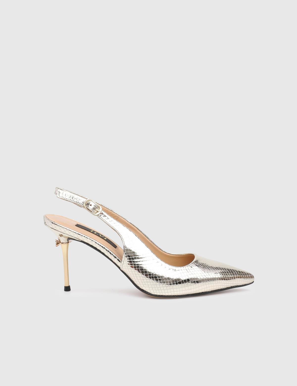 Panya Gold Leather Women's Heeled Sandal with Snake Print