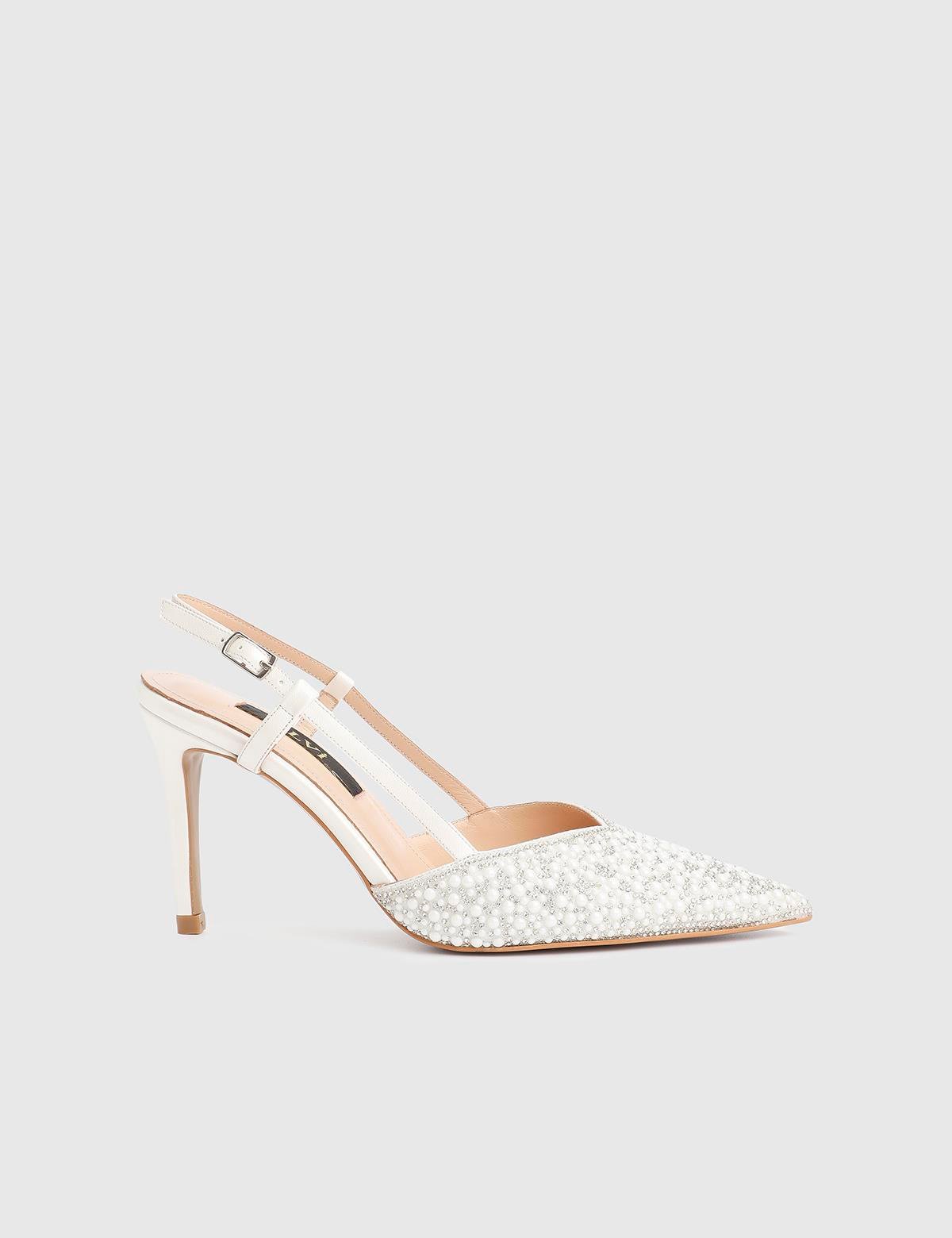 Peric White Leather Women's Heeled Sandal with Stones