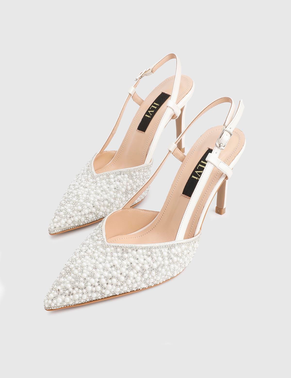 Peric White Leather Women's Heeled Sandal with Stones