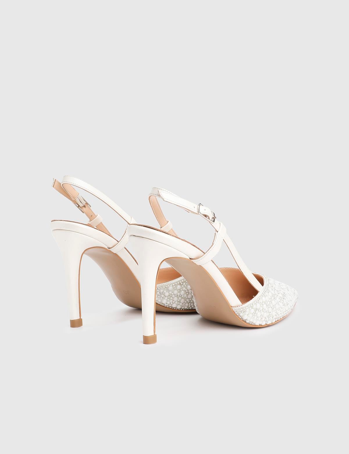 Peric White Leather Women's Heeled Sandal with Stones