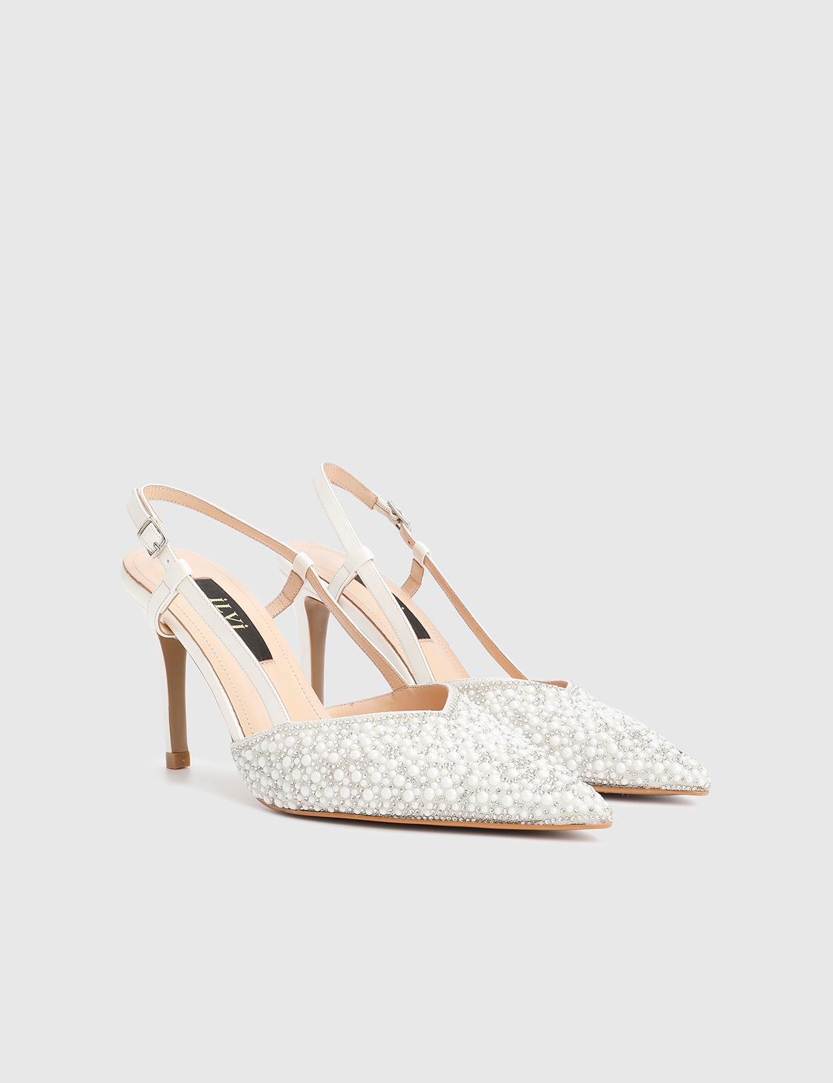 Peric White Leather Women's Heeled Sandal with Stones