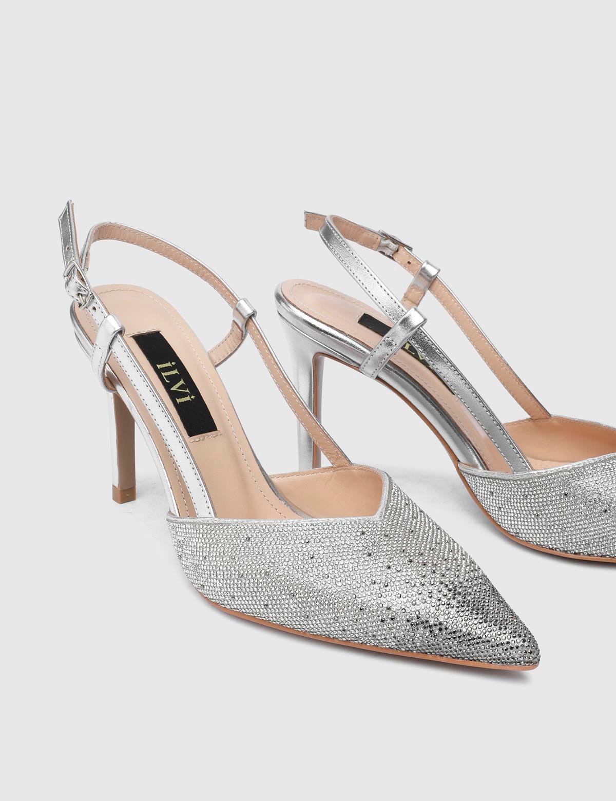 Peric Silver Leather Women's Heeled Sandal with Stones