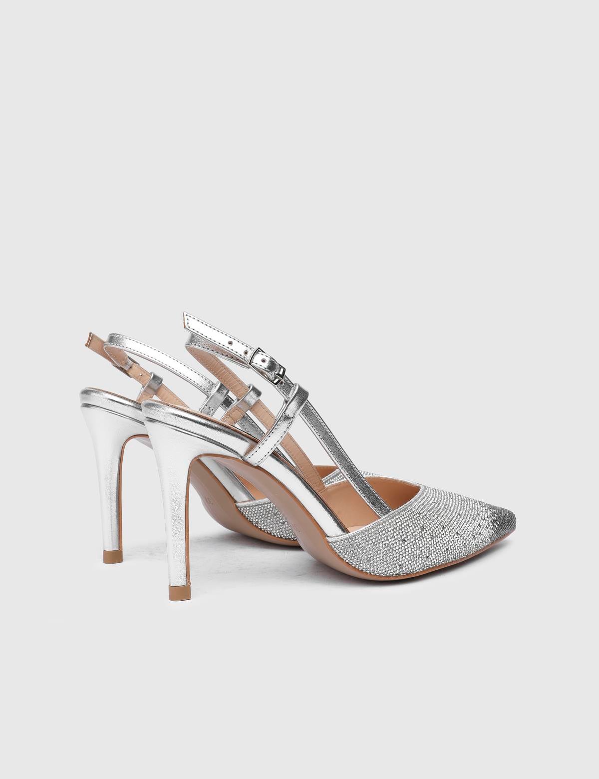 Peric Silver Leather Women's Heeled Sandal with Stones