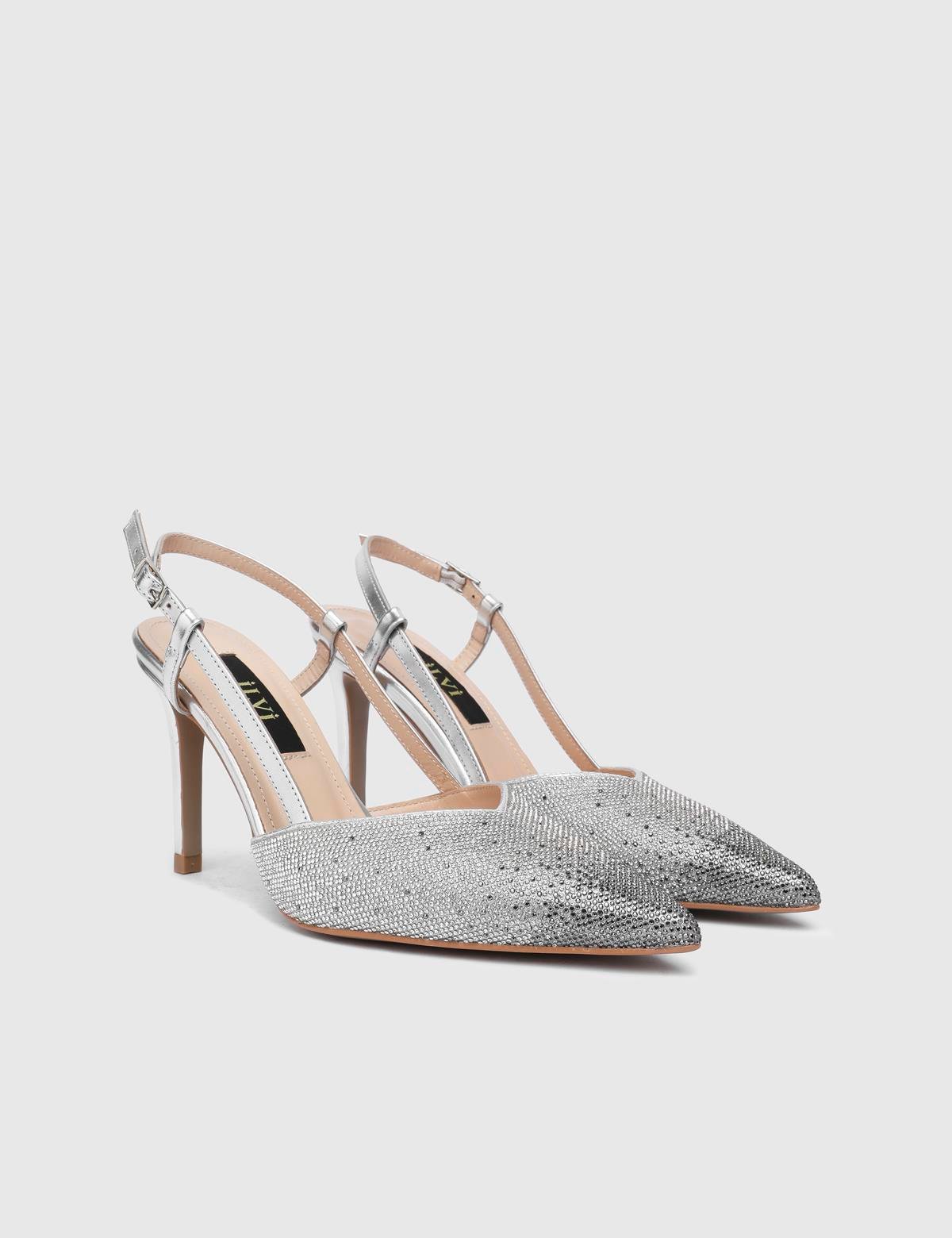 Peric Silver Leather Women's Heeled Sandal with Stones