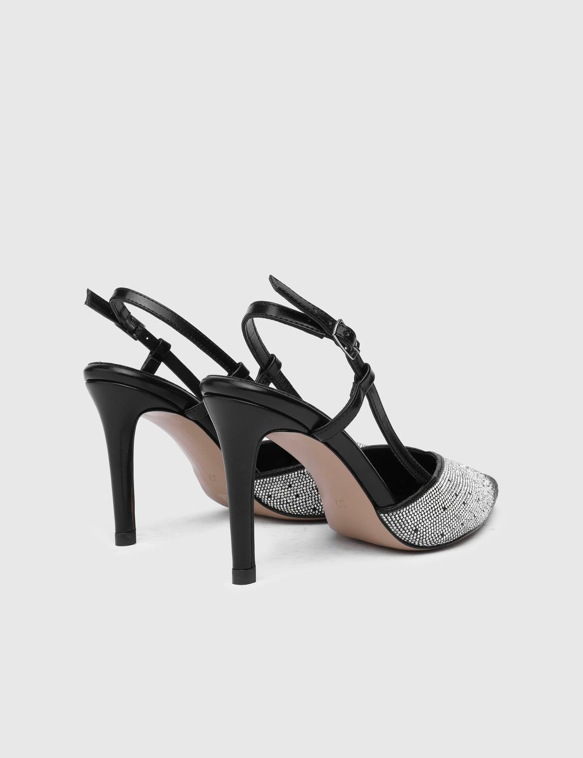 Peric Black Leather Women's Heeled Sandal with Stones