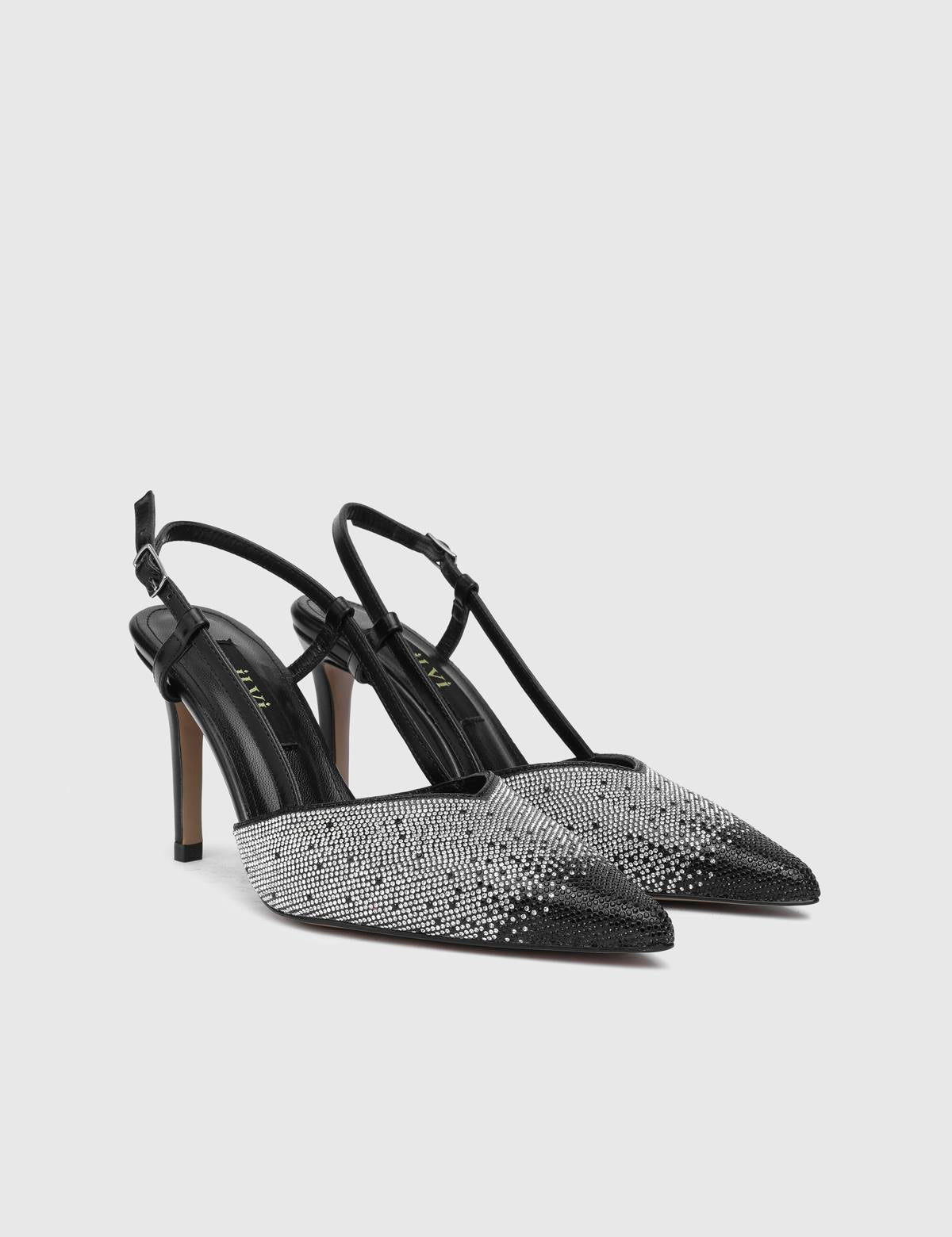 Peric Black Leather Women's Heeled Sandal with Stones