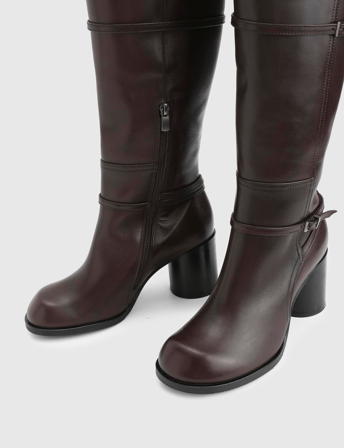 Perite Brown Leather Women's Heeled High Boot