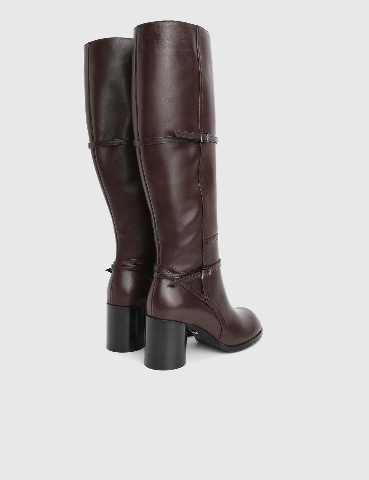 Perite Brown Leather Women's Heeled High Boot