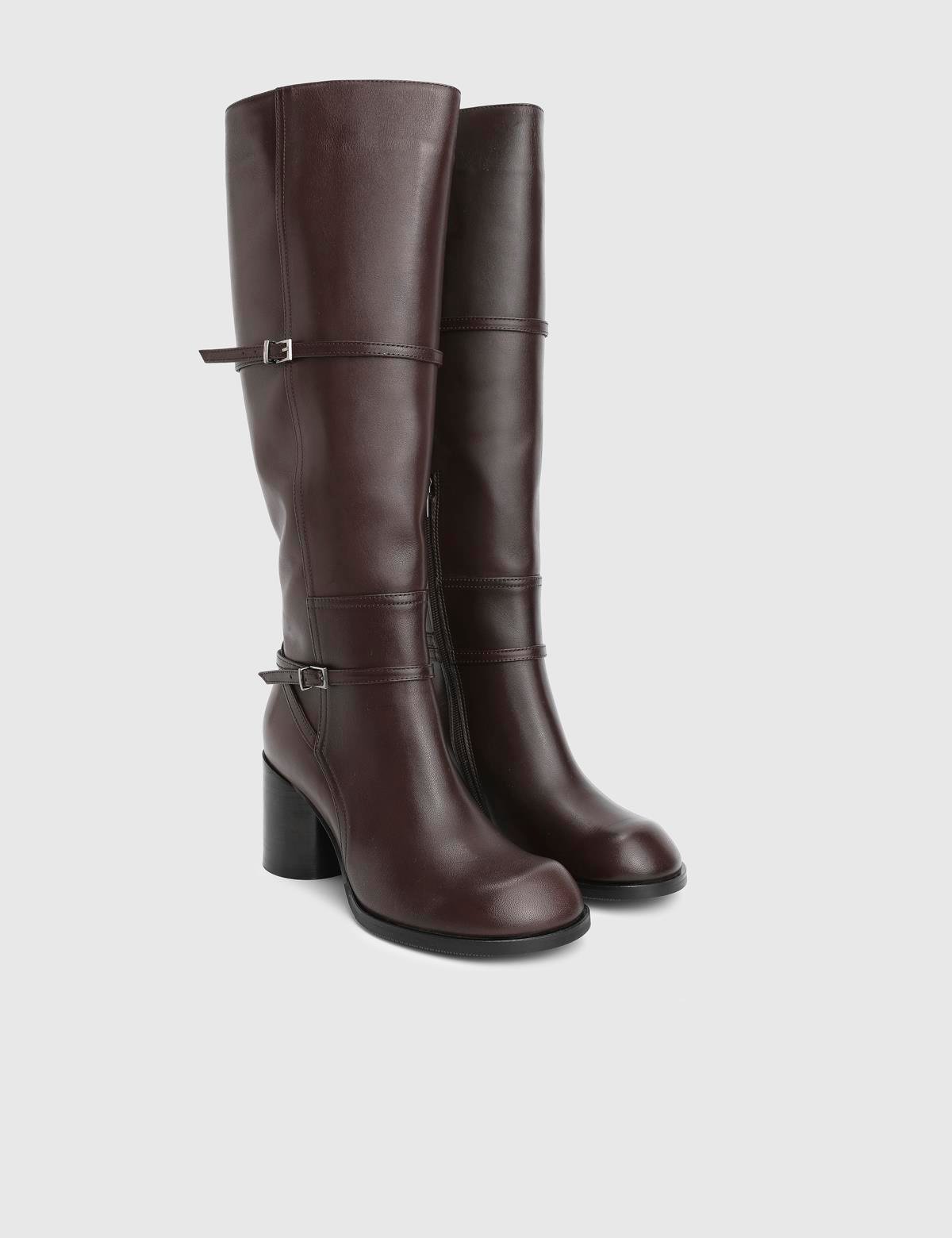 Perite Brown Leather Women's Heeled High Boot