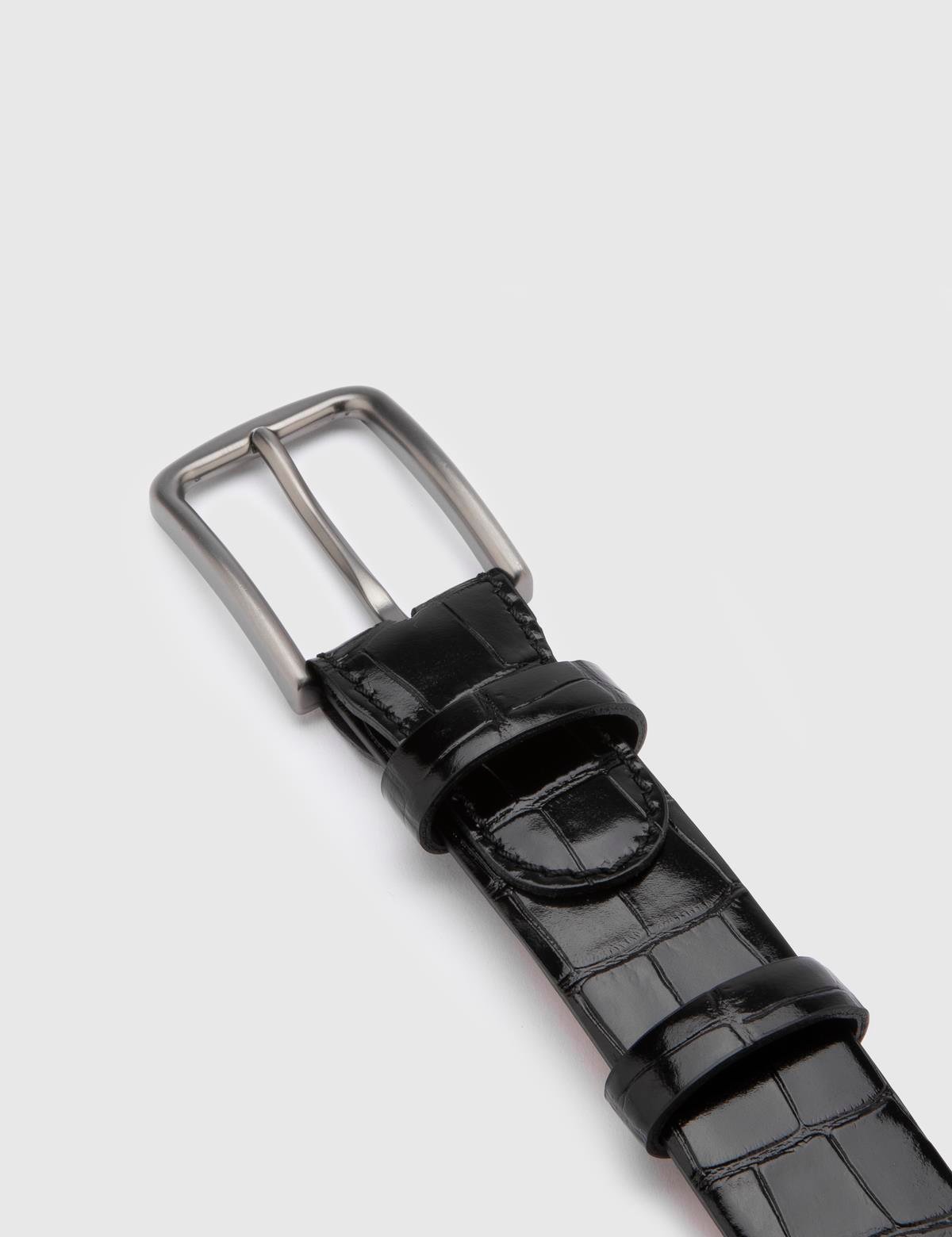 Tucker Black Leather Men's Belt with Crocodile Print