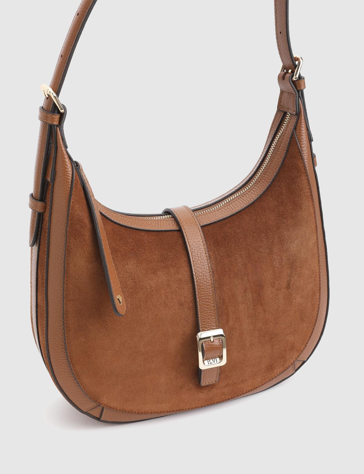 Vlasyi Saddle Brown Suede Floater Leather Women's Shoulder Bag