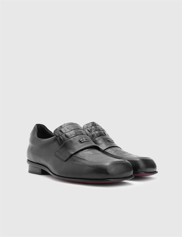 Yuki Black Leather Men's Loafer with Crocodile Print
