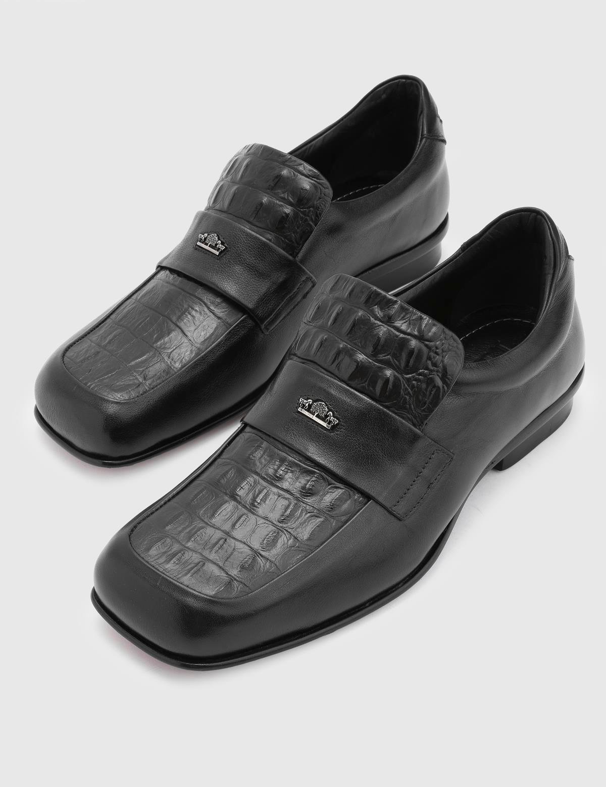 Yuki Black Leather Men's Loafer with Crocodile Print