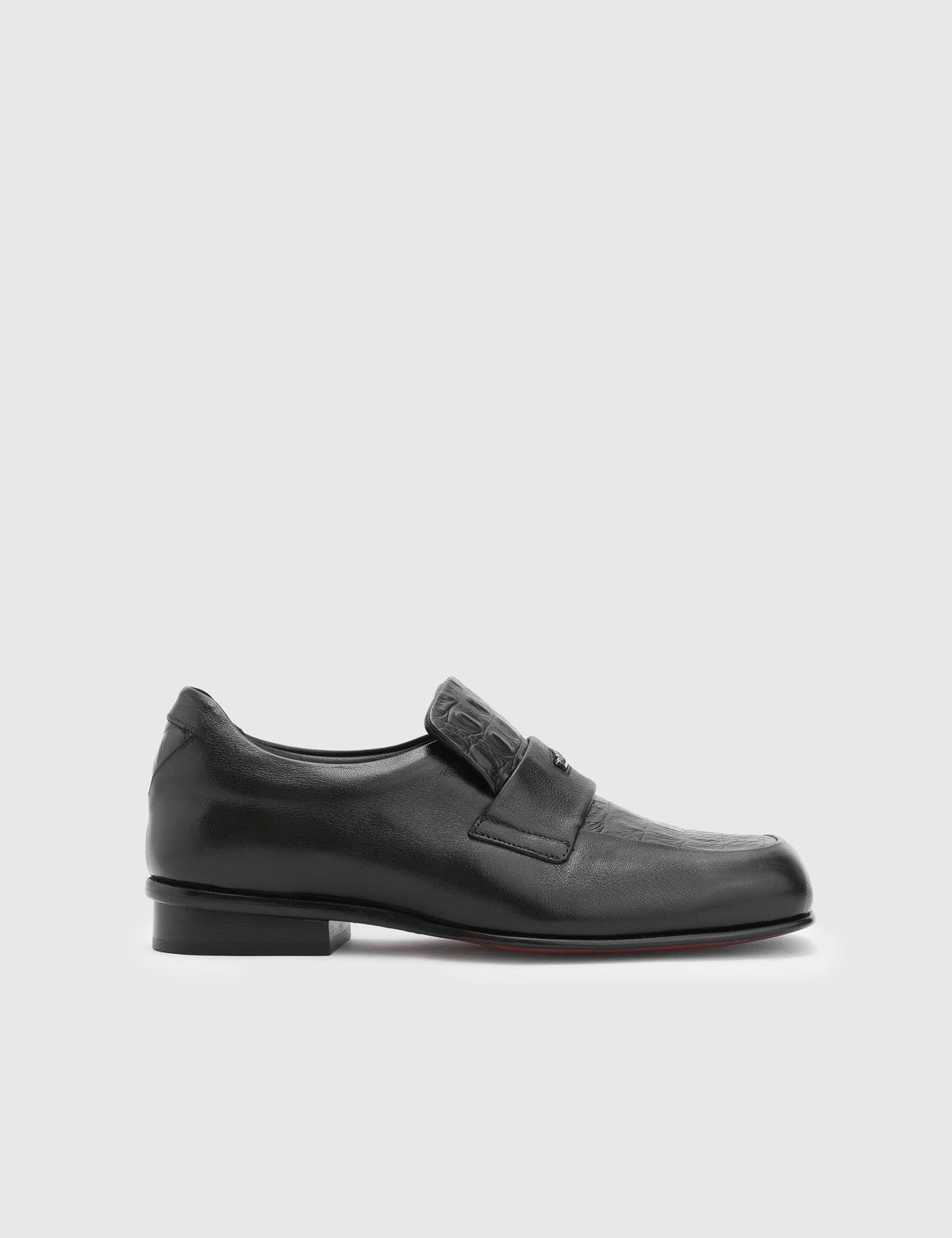 Yuki Black Leather Men's Loafer with Crocodile Print