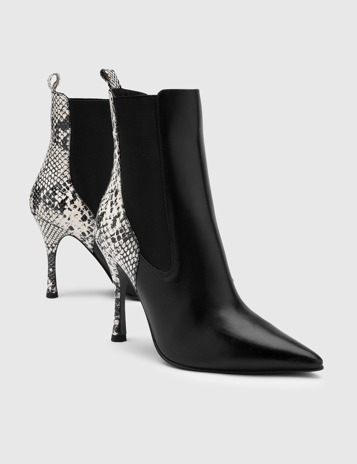 Vaso Black-White Leather Women's Heeled Boot with Snake Print