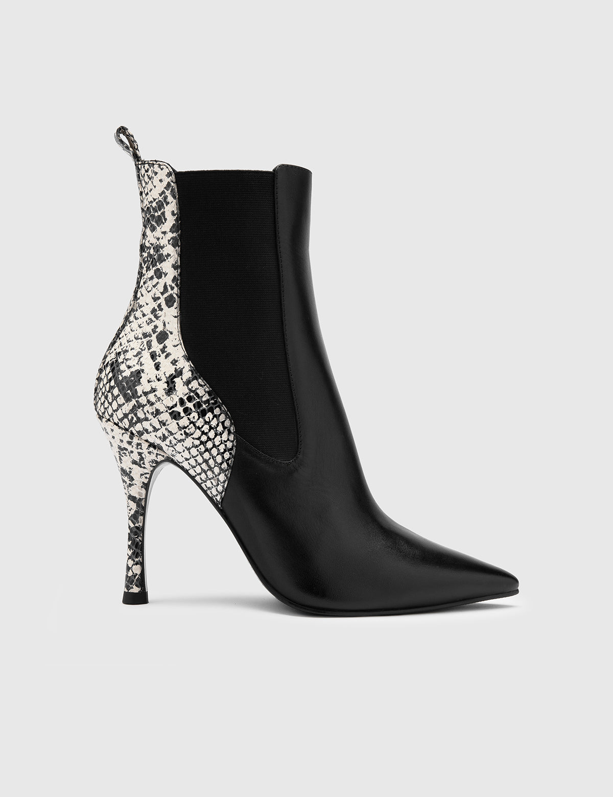Vaso Black-White Leather Women's Heeled Boot with Snake Print