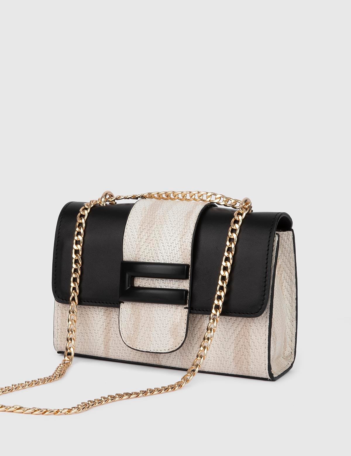 Lefke Cream Black Leather Women's Shoulder Bag